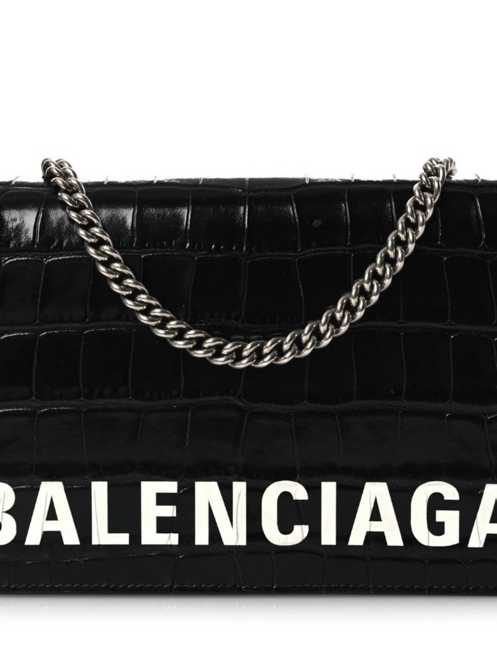 Balenciaga Black Croc-Embossed Shoulder Bag with Silver Chain